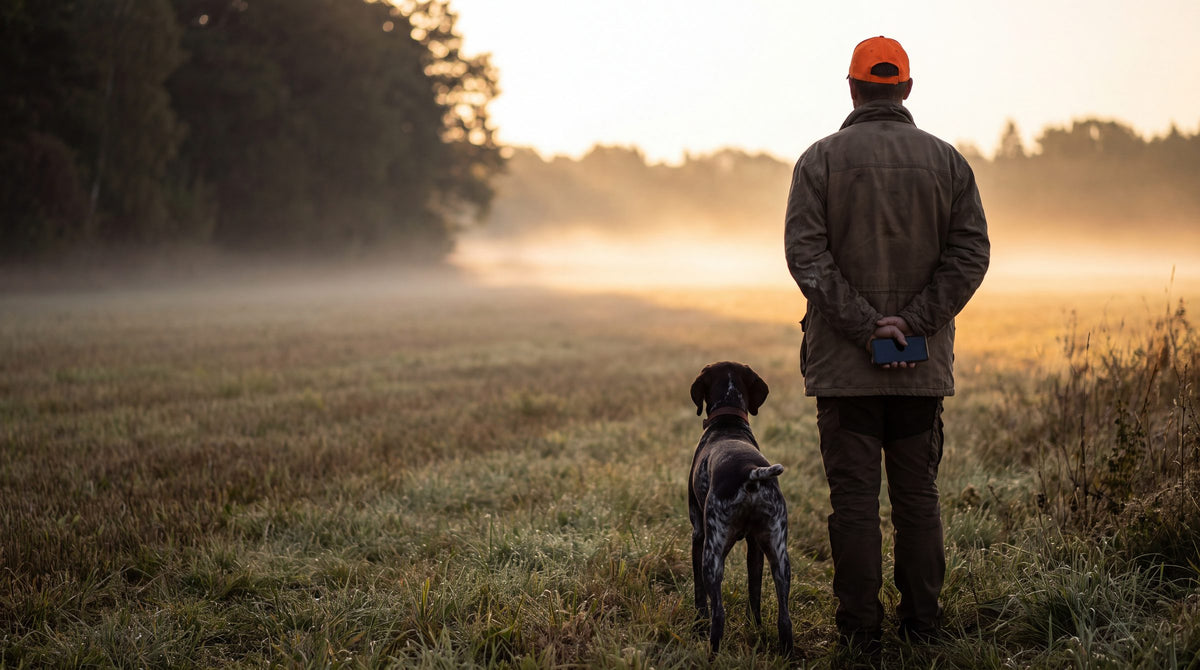 A handler and dog at the edge of a field at first light, seen from behind