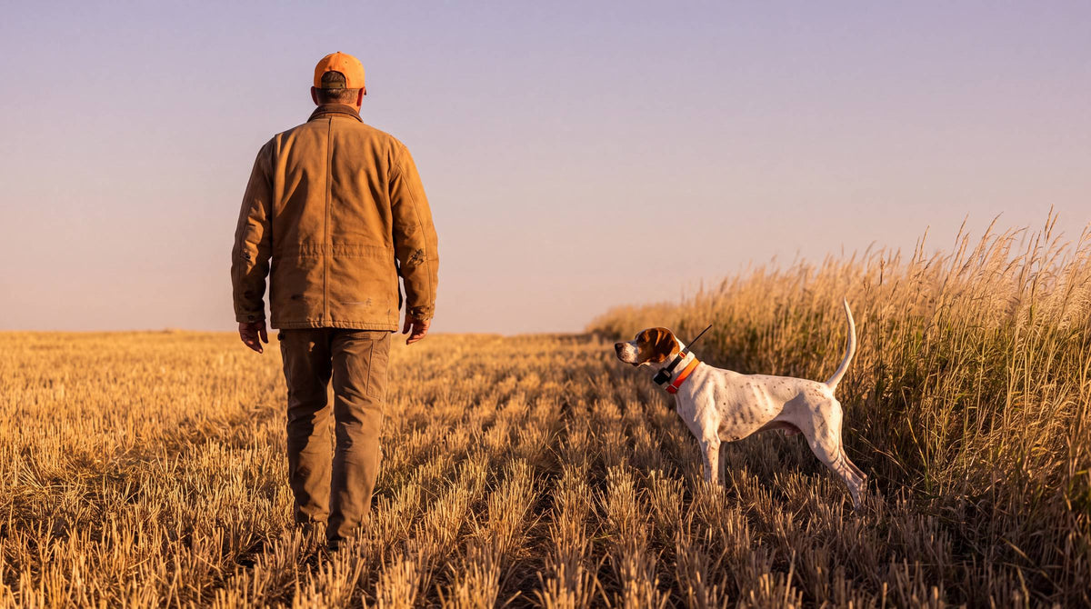 A pointer on point at the edge of tall grass in the last light, the handler walking in