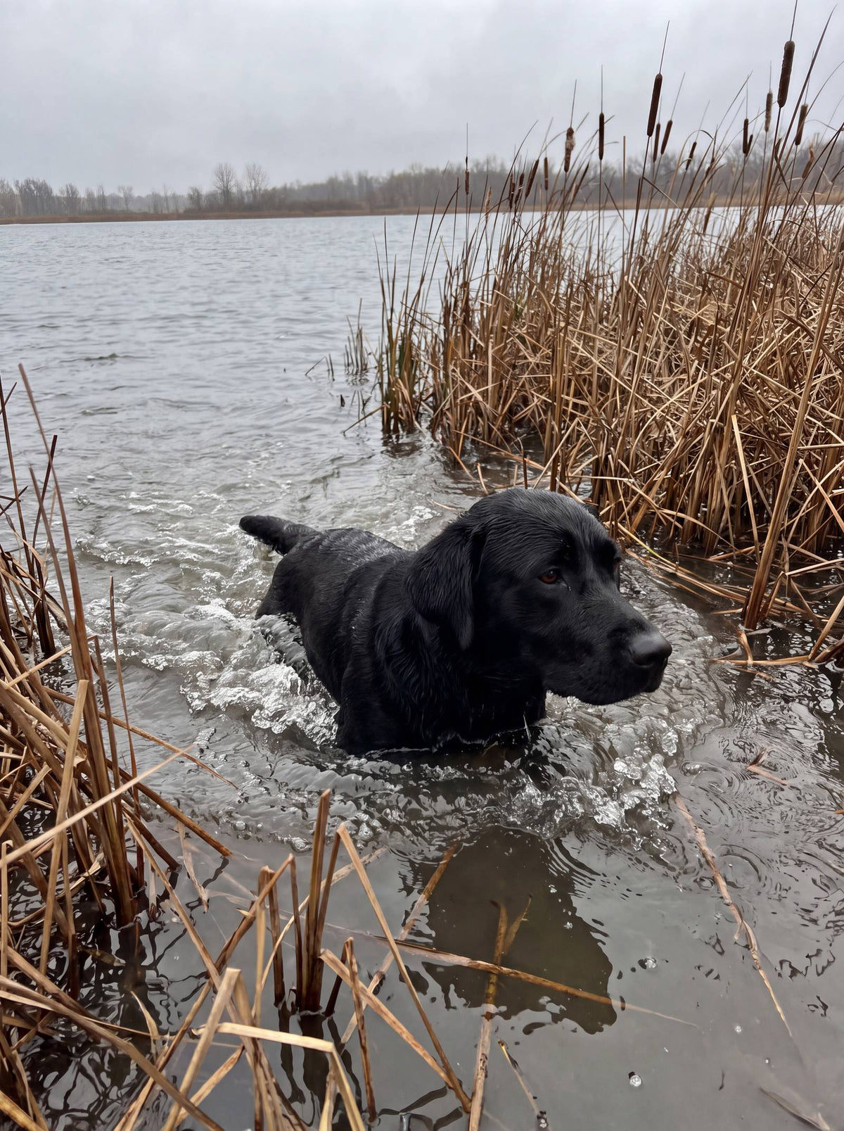 A lab swimming through cattails on gray water