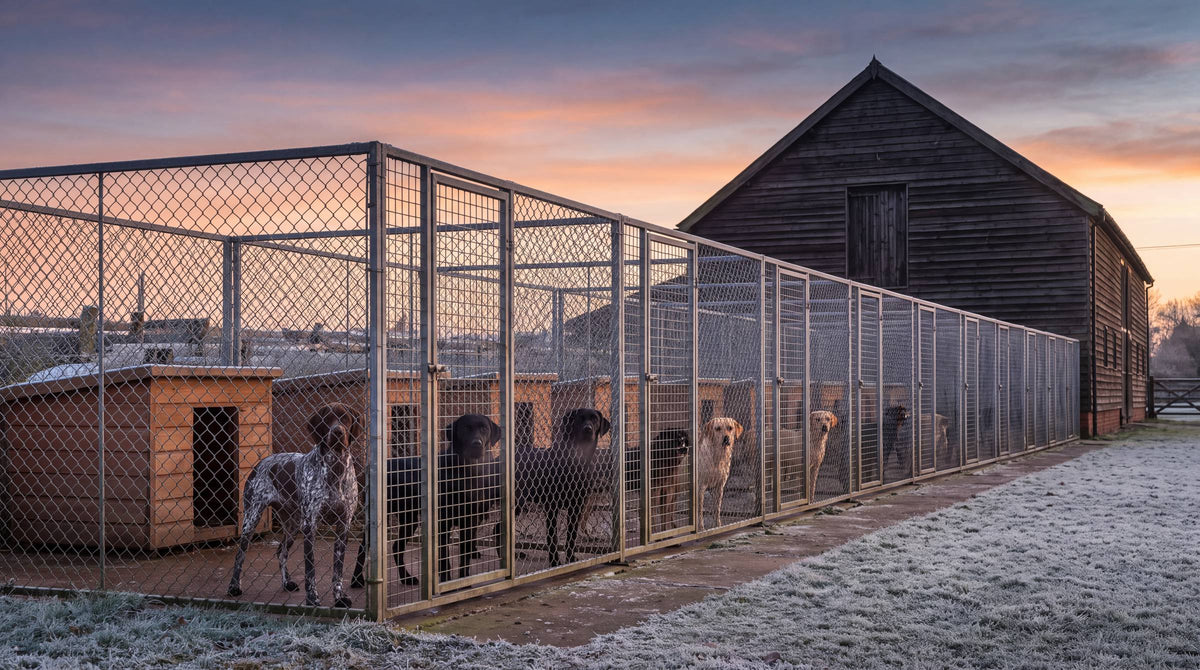 A working kennel at first light, dogs at the gates