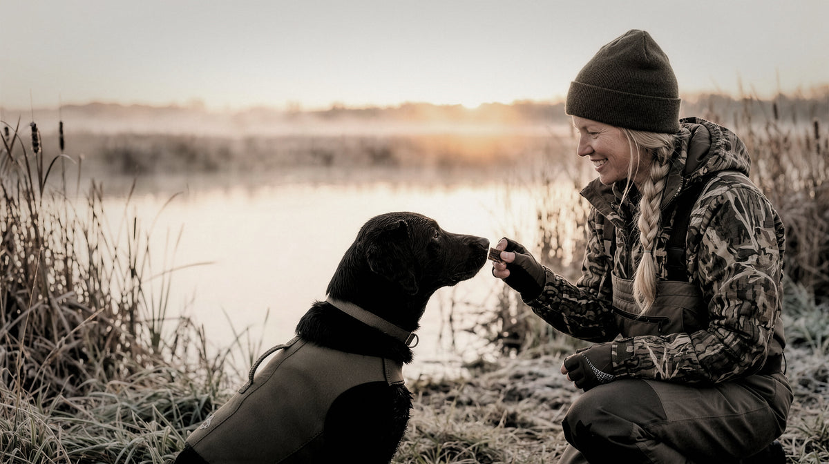 At first light on the marsh, a handler gives her black Lab a Drive Square from her fingertips